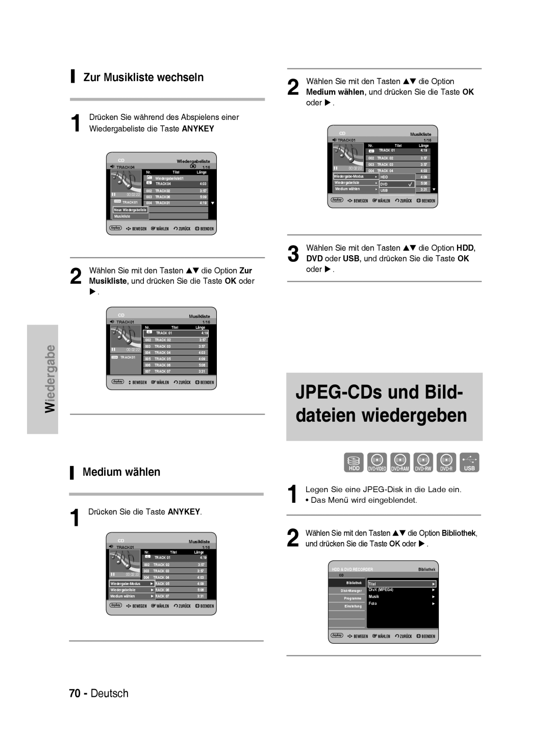 Samsung DVD-HR733/EUR, DVD-HR738/XEG manual Zur Musikliste wechseln, Medium wählen, Wählen Sie mit den Tasten die Option Zur 