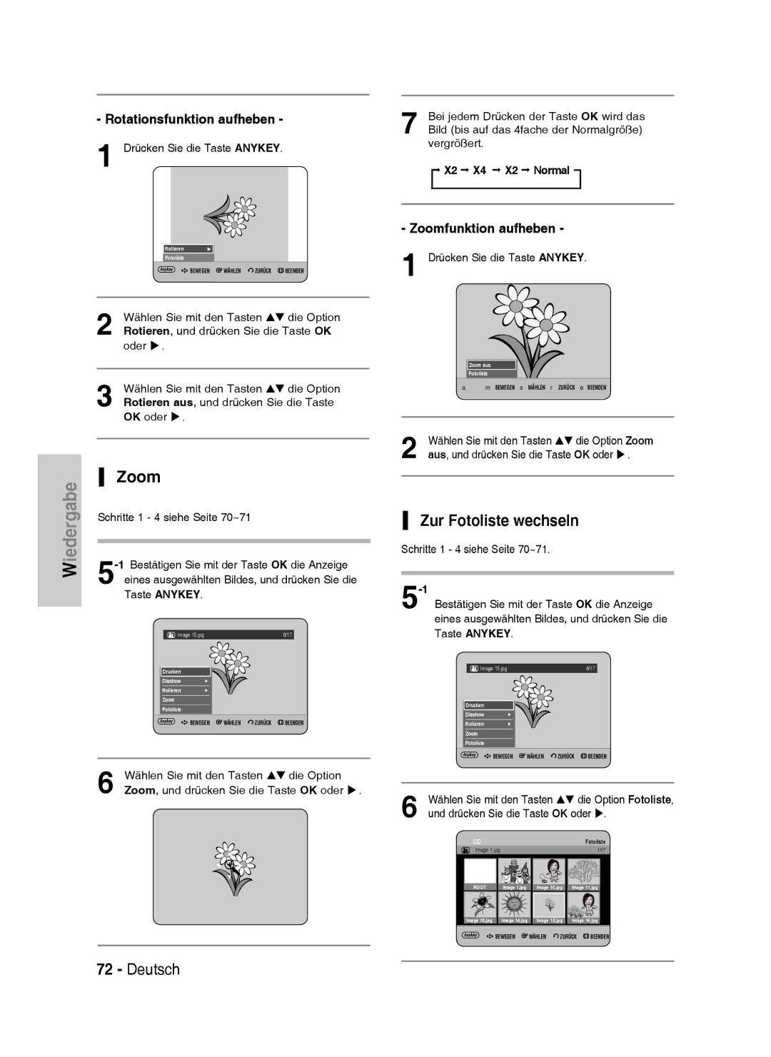 Samsung DVD-HR738/XEG, DVD-HR733/XEG manual Zur Fotoliste wechseln, Rotationsfunktion aufheben, Zoomfunktion aufheben 