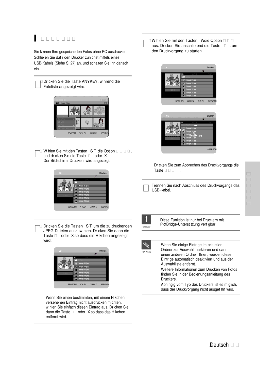 Samsung DVD-HR733/XEG, DVD-HR738/XEG, DVD-HR733/EUR, DVD-HR738/XEB manual Fotos drucken, Wenn Sie einige Einträge im aktuellen 