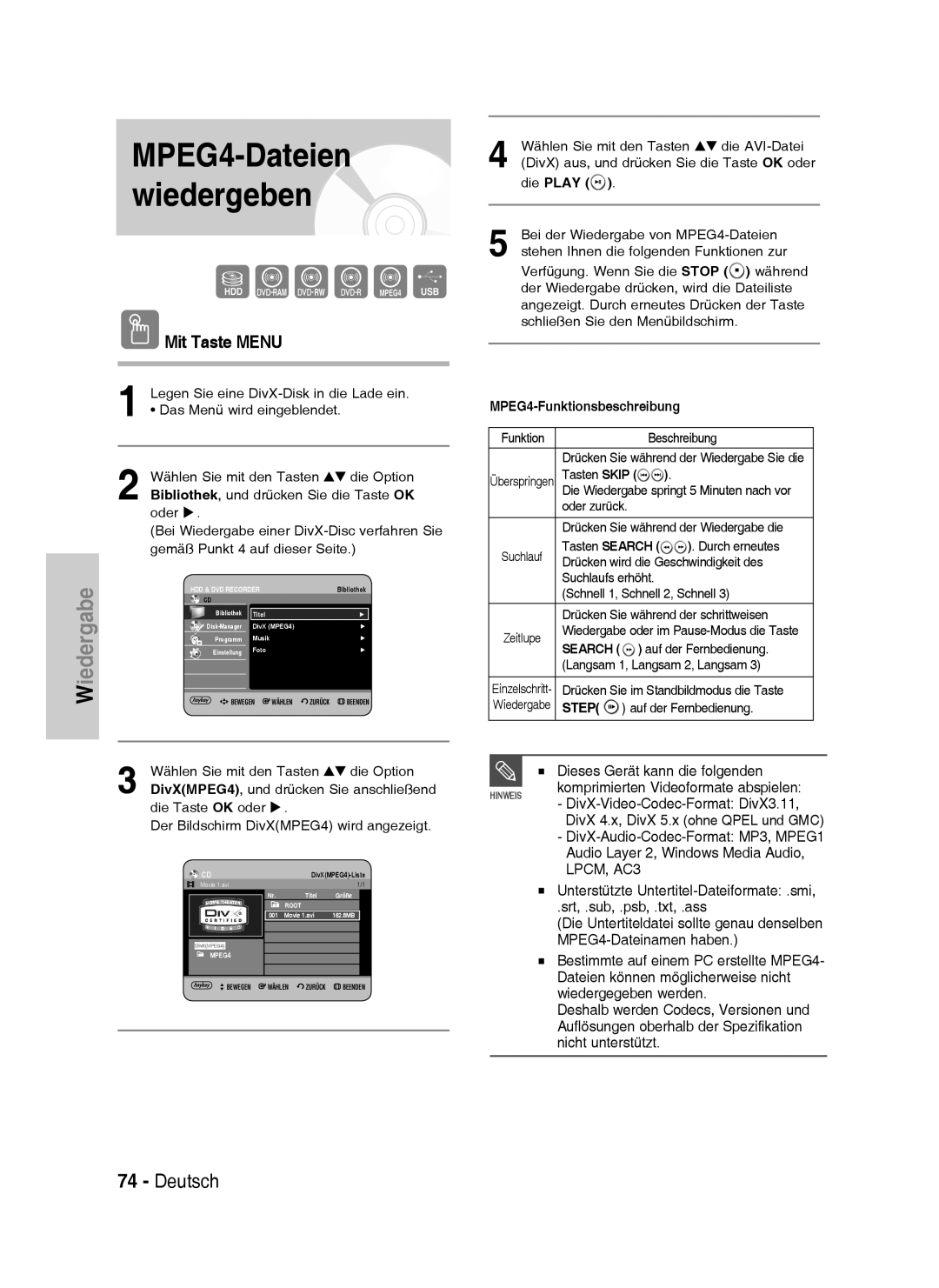 Samsung DVD-HR733/EUR, DVD-HR738/XEG Mit Taste Menu, Dieses Gerät kann die folgenden, Komprimierten Videoformate abspielen 