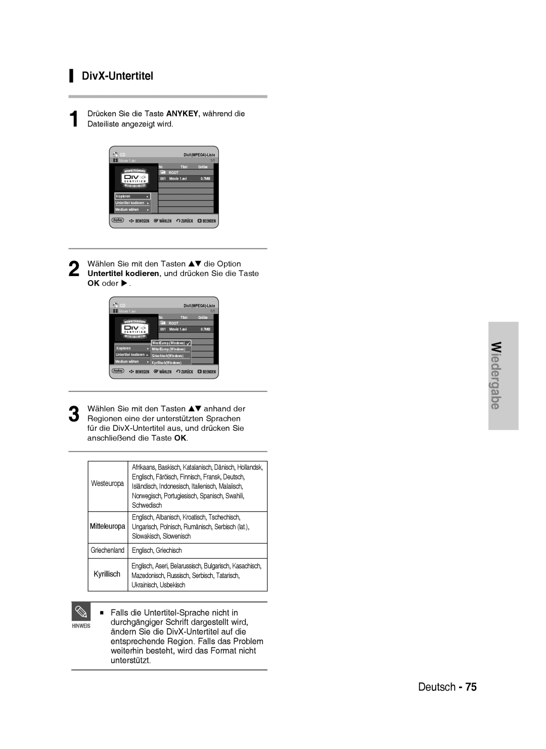 Samsung DVD-HR738/XEB, DVD-HR738/XEG, DVD-HR733/XEG, DVD-HR733/EUR manual DivX-Untertitel, OK oder 