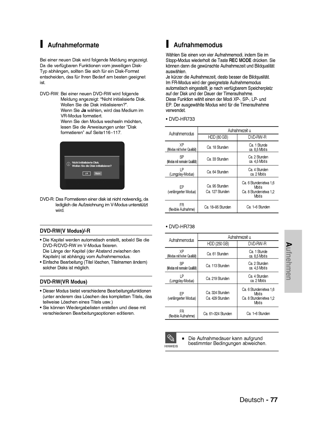 Samsung DVD-HR733/XEG, DVD-HR738/XEG, DVD-HR733/EUR Aufnahmeformate, Aufnahmemodus, DVD-RWV Modus/-R, DVD-RWVR Modus 