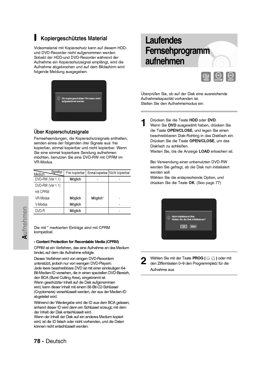 Samsung DVD-HR733/EUR, DVD-HR738/XEG, DVD-HR733/XEG manual Kopiergeschütztes Material, Über Kopierschutzsignale, Mit Cprm 