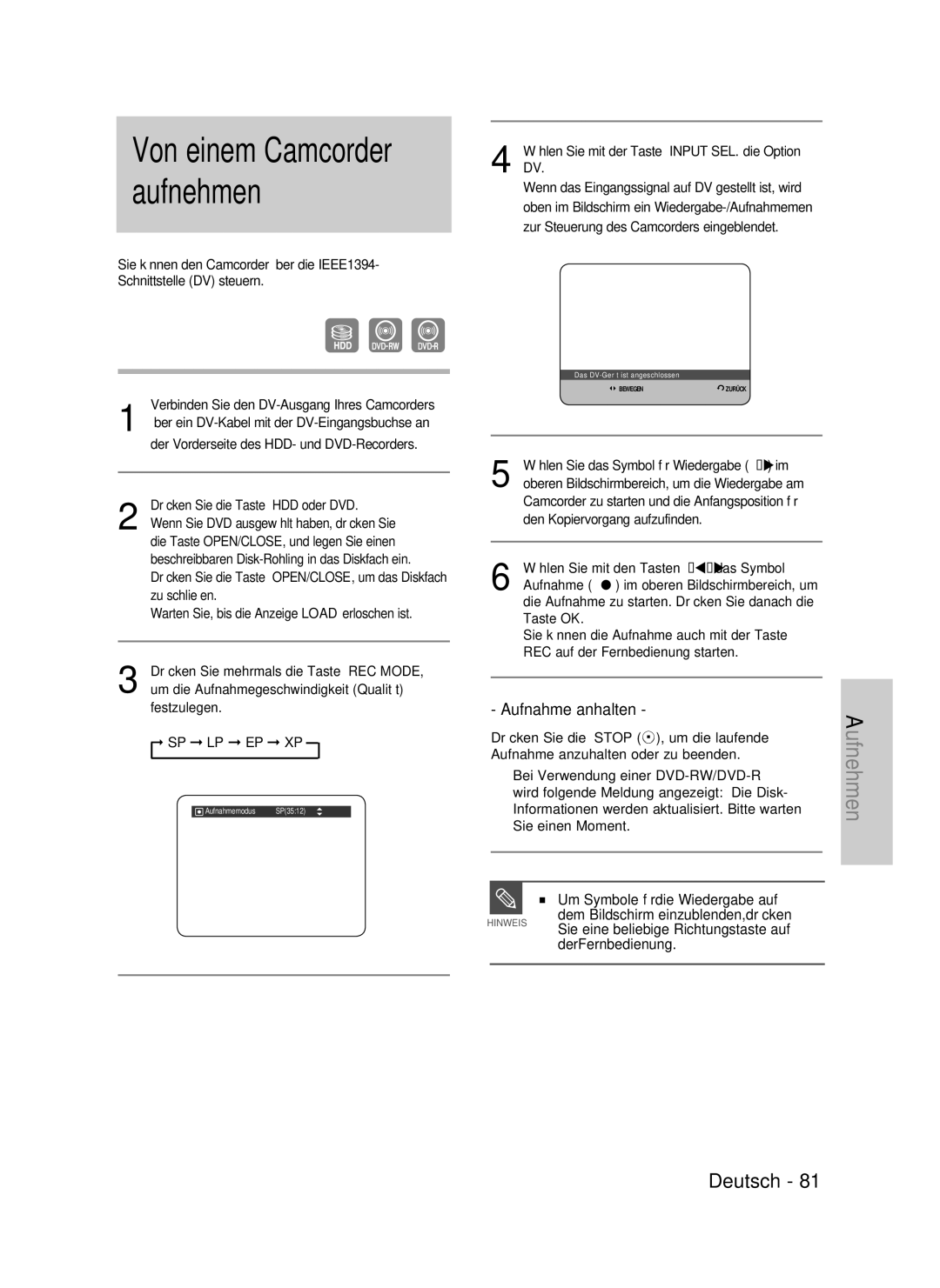 Samsung DVD-HR733/XEG, DVD-HR738/XEG, DVD-HR733/EUR, DVD-HR738/XEB manual Von einem Camcorder aufnehmen 