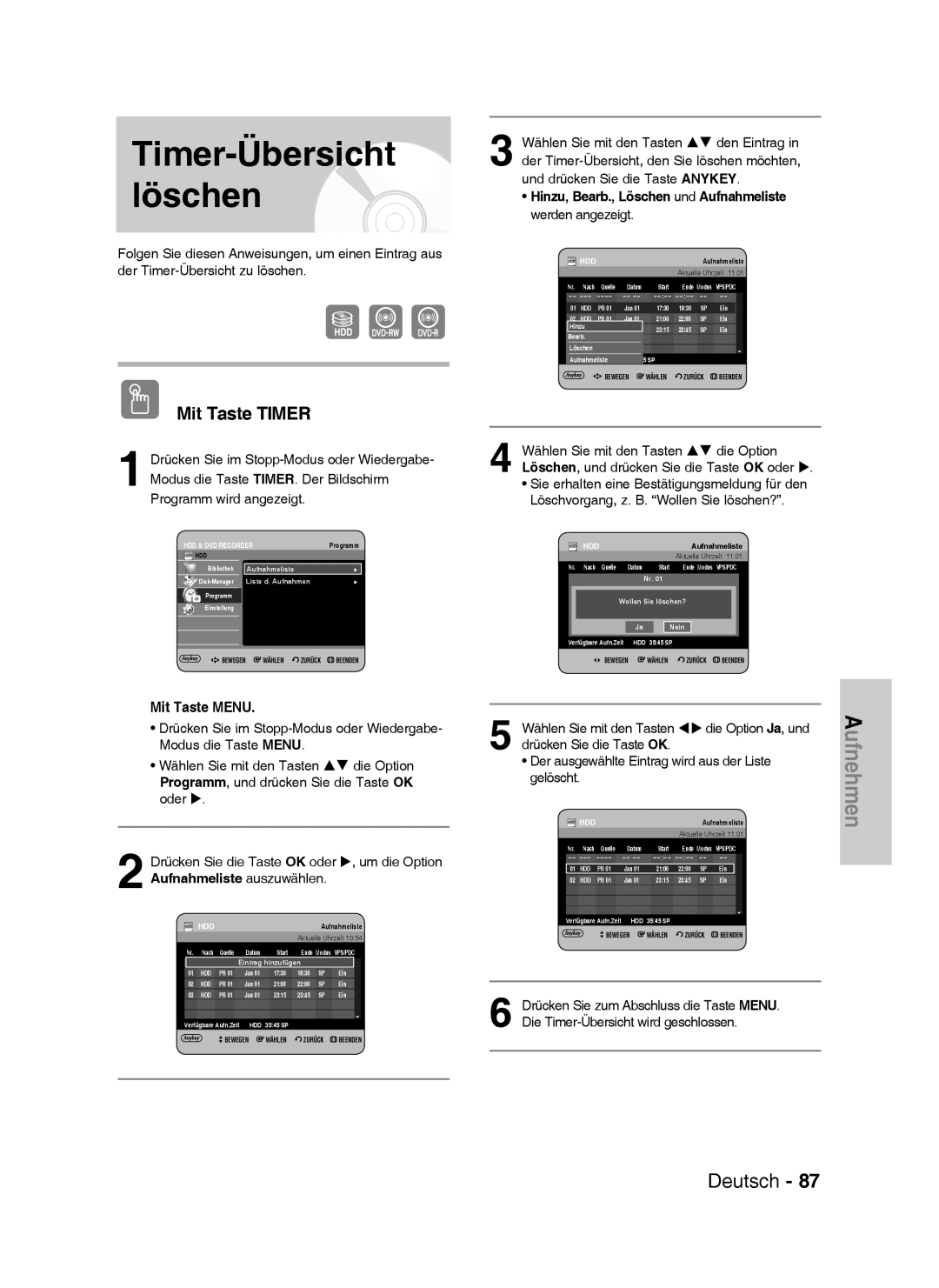 Samsung DVD-HR738/XEB, DVD-HR738/XEG, DVD-HR733/XEG, DVD-HR733/EUR manual Timer-Übersicht löschen 