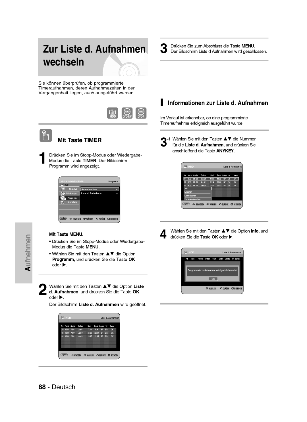 Samsung DVD-HR738/XEG, DVD-HR733/XEG, DVD-HR733/EUR Zur Liste d. Aufnahmen wechseln, Informationen zur Liste d. Aufnahmen 