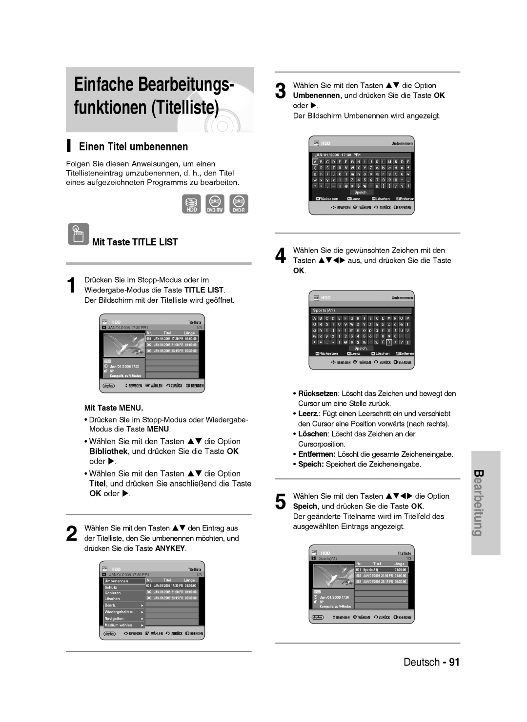 Samsung DVD-HR738/XEB, DVD-HR738/XEG, DVD-HR733/XEG manual Einen Titel umbenennen, Der Bildschirm Umbenennen wird angezeigt 