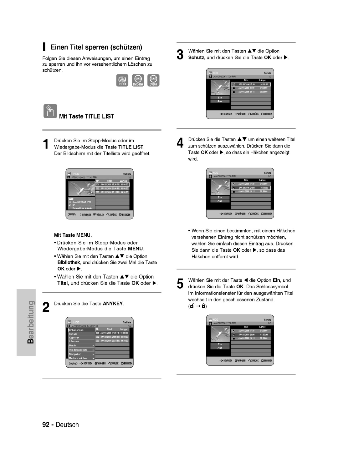 Samsung DVD-HR738/XEG, DVD-HR733/XEG manual Einen Titel sperren schützen, Schutz, und drücken Sie die Taste OK oder, Wird 