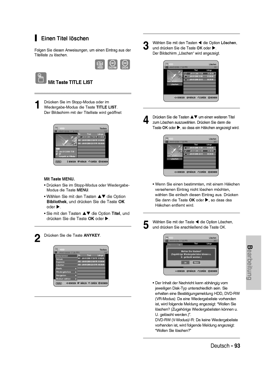 Samsung DVD-HR733/XEG, DVD-HR738/XEG, DVD-HR733/EUR manual Einen Titel löschen, Der Bildschirm „Löschen wird angezeigt 