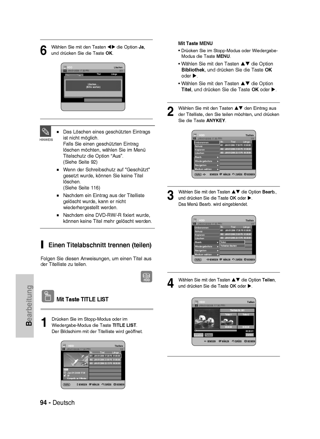 Samsung DVD-HR733/EUR Einen Titelabschnitt trennen teilen, Der Titelliste zu teilen, Drücken Sie im Stopp-Modus oder im 