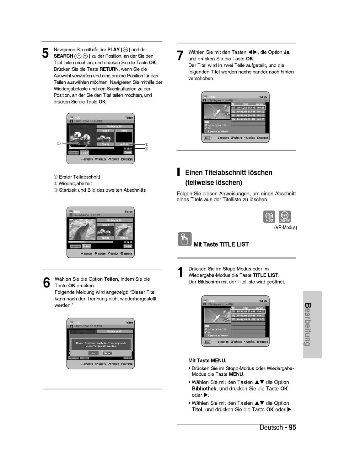Samsung DVD-HR738/XEB, DVD-HR738/XEG, DVD-HR733/XEG, DVD-HR733/EUR Einen Titelabschnitt löschen teilweise löschen, VR-Modus 