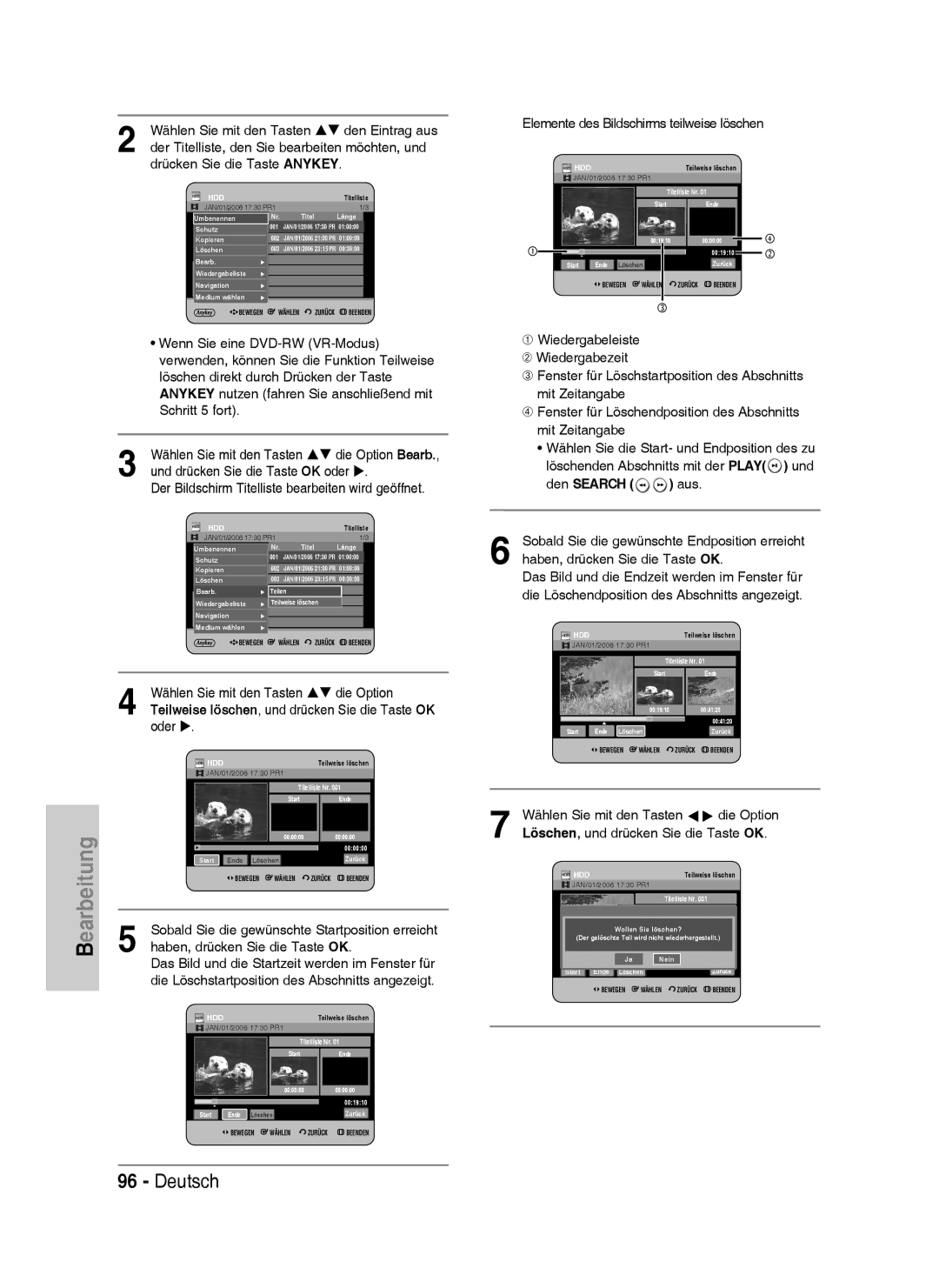 Samsung DVD-HR738/XEG, DVD-HR733/XEG, DVD-HR733/EUR manual Elemente des Bildschirms teilweise löschen, Den Search aus 