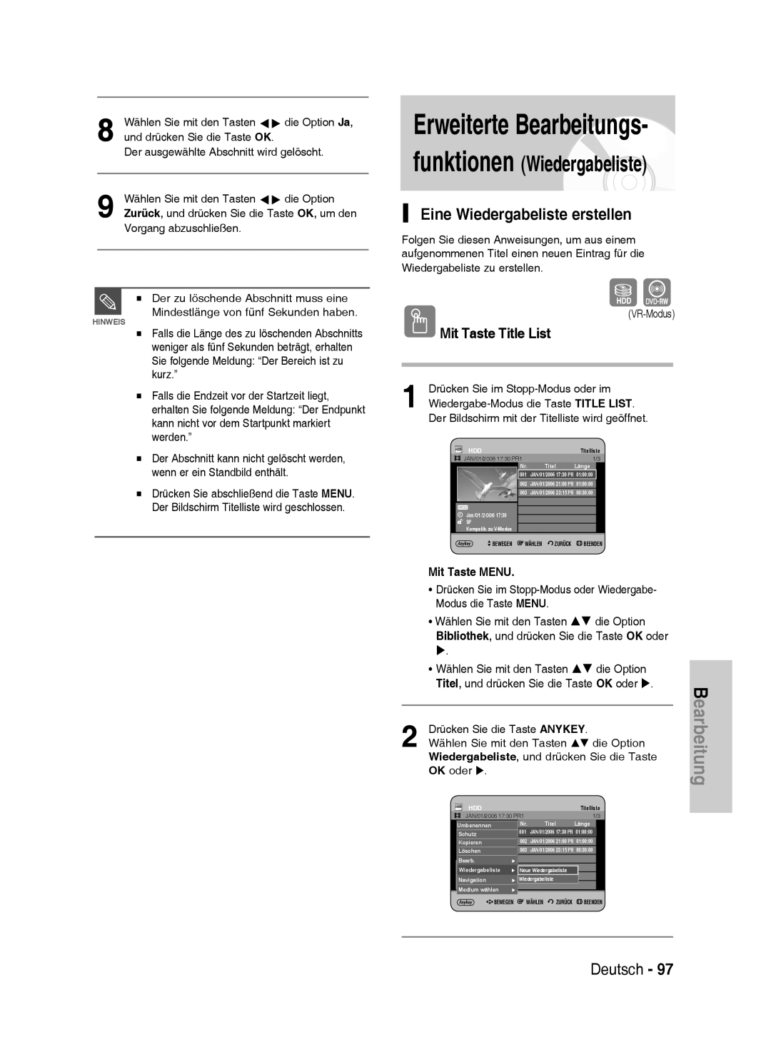 Samsung DVD-HR733/XEG, DVD-HR738/XEG, DVD-HR733/EUR, DVD-HR738/XEB Erweiterte Bearbeitungs, Eine Wiedergabeliste erstellen 