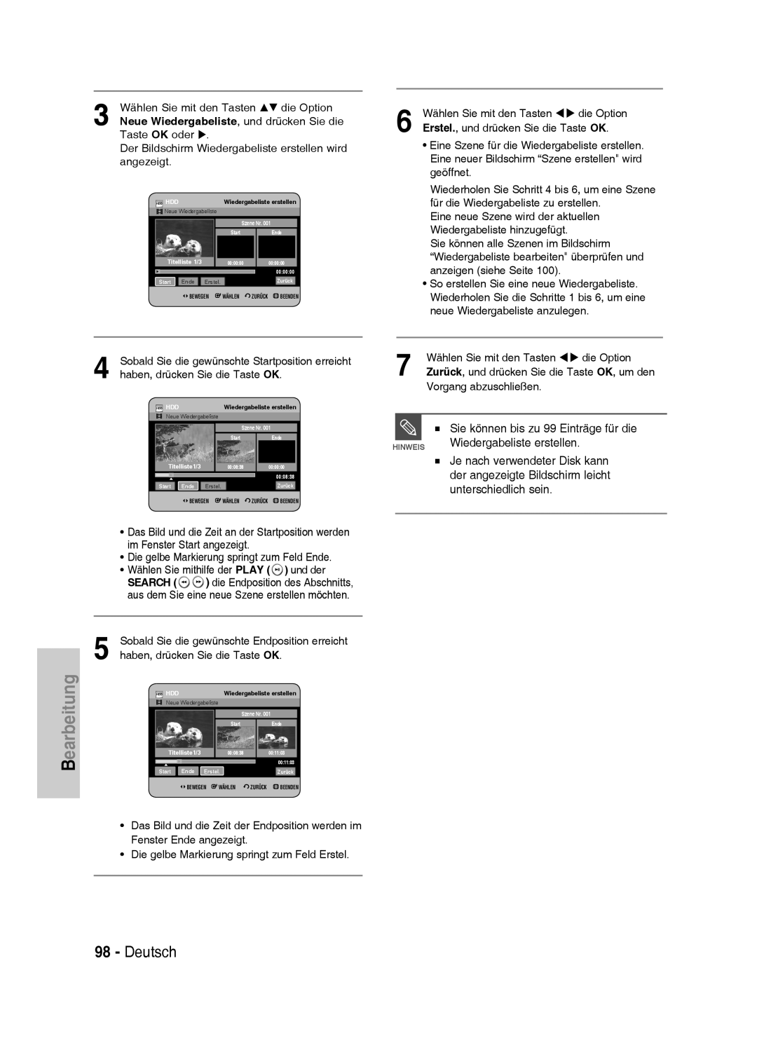 Samsung DVD-HR733/EUR Sie können bis zu 99 Einträge für die, Wiedergabeliste erstellen, Haben, drücken Sie die Taste OK 