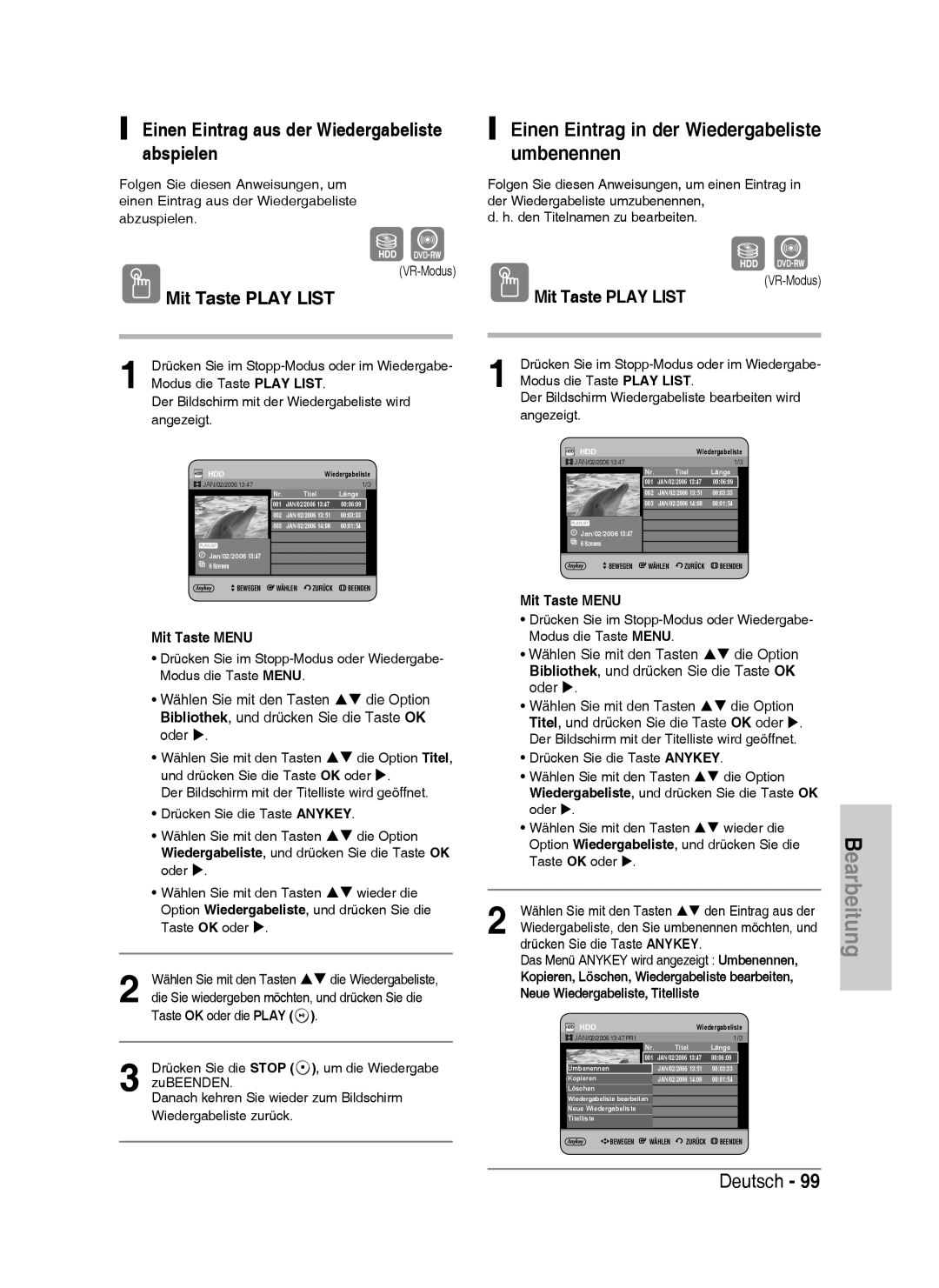 Samsung DVD-HR738/XEB Einen Eintrag aus der Wiedergabeliste abspielen, Einen Eintrag in der Wiedergabeliste umbenennen 