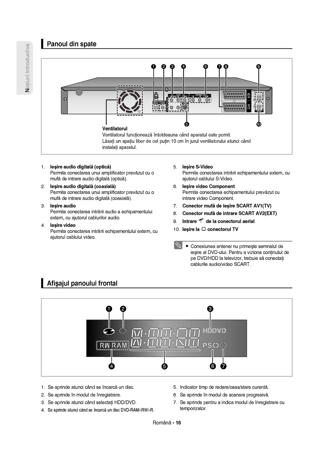 Samsung DVD-HR750/AUS, DVD-HR750/EUR, DVD-HR750/XEC, DVD-HR750/XEH manual Panoul din spate, Aﬁşajul panoului frontal 