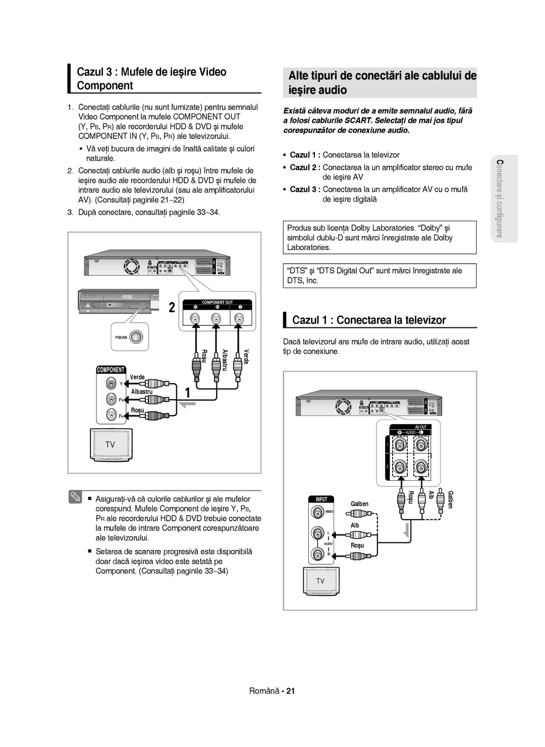 Samsung DVD-HR750/EUR manual Ieşire audio, Cazul 3 Mufele de ieşire Video Component, Cazul 1 Conectarea la televizor 