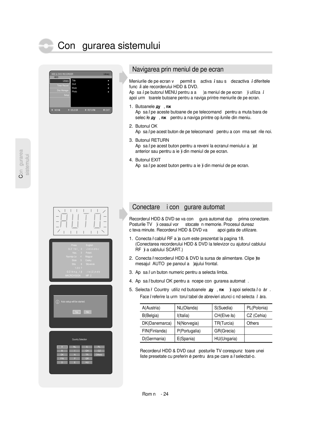 Samsung DVD-HR750/AUS Navigarea prin meniul de pe ecran, Conectare şi conﬁgurare automată, Butonul OK, Butonul Return 