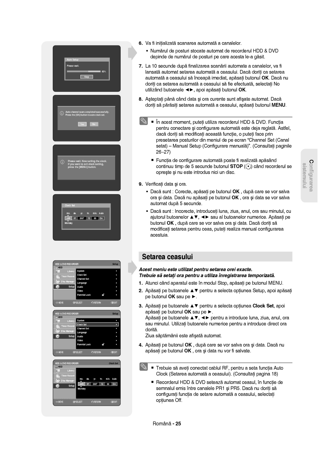 Samsung DVD-HR750/EUR, DVD-HR750/AUS, DVD-HR750/XEC, DVD-HR750/XEH manual Setarea ceasului, Auto Setup Please wait 63% Stop 