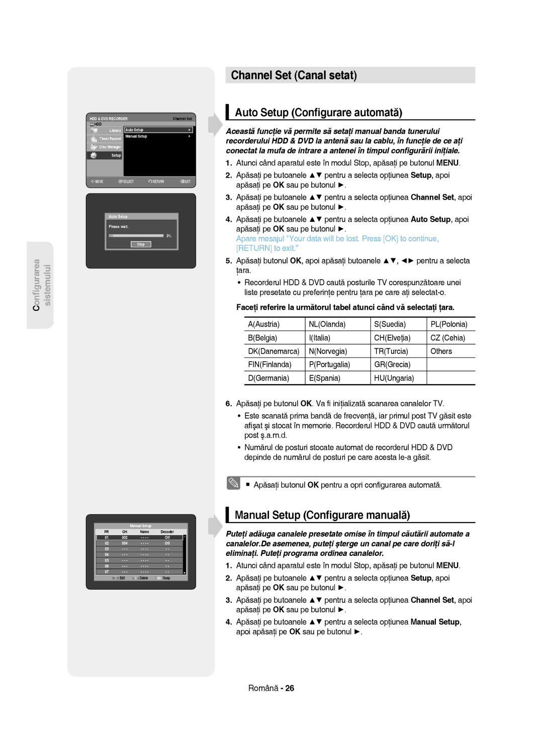 Samsung DVD-HR750/XEC Channel Set Canal setat, Auto Setup Conﬁgurare automată, Manual Setup Conﬁgurare manuală 