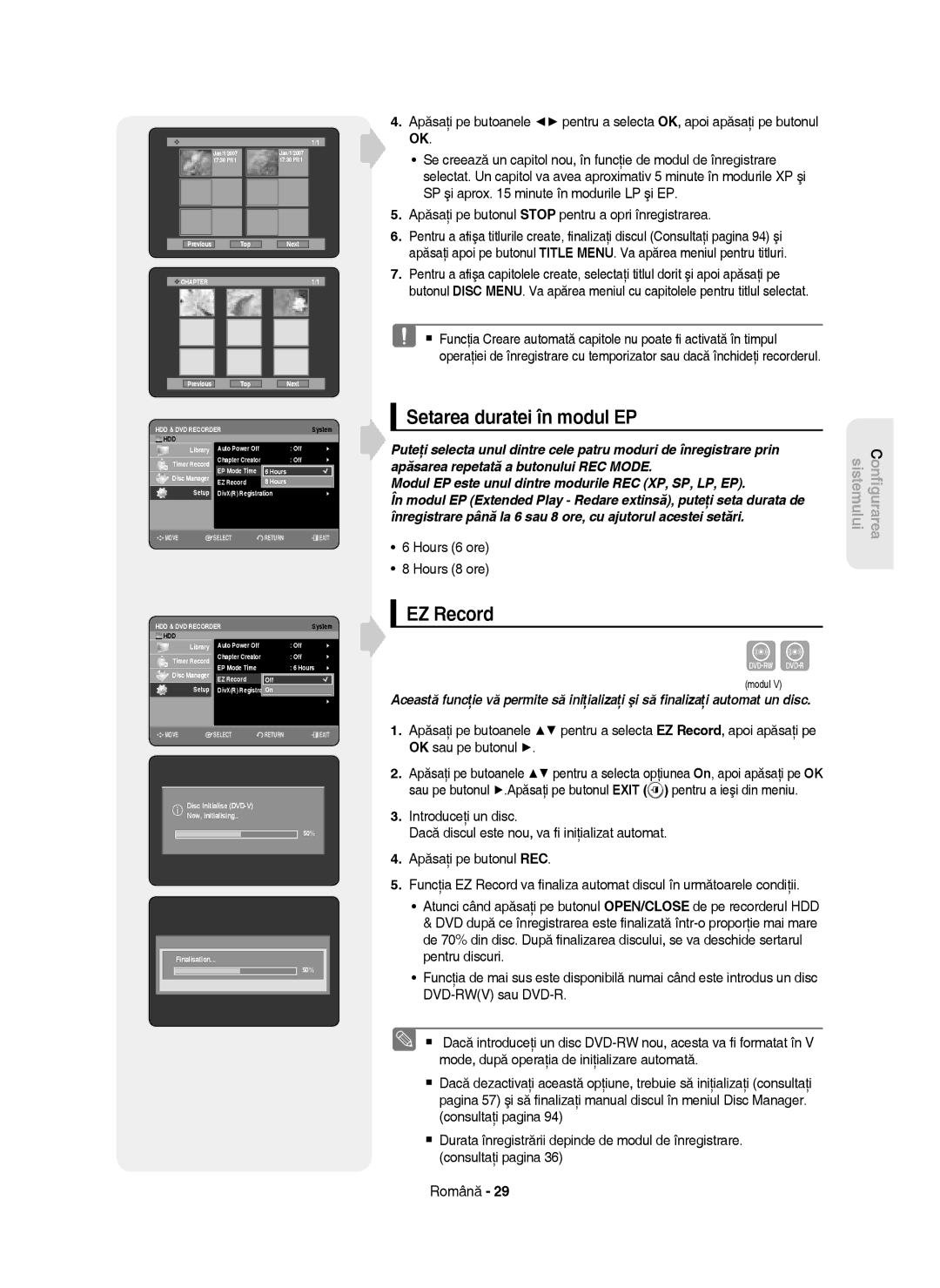 Samsung DVD-HR750/EUR, DVD-HR750/AUS, DVD-HR750/XEC, DVD-HR750/XEH manual Setarea duratei în modul EP, EZ Record 