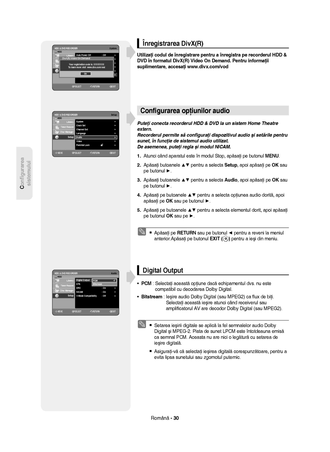 Samsung DVD-HR750/XEC, DVD-HR750/AUS, DVD-HR750/EUR manual Conﬁgurarea opţiunilor audio, Înregistrarea DivXR, Digital Output 