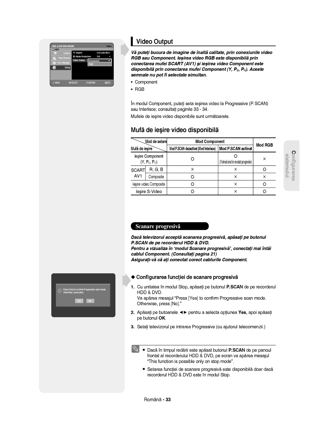 Samsung DVD-HR750/EUR manual Video Output, Mufă de ieşire video disponibilă, Conﬁgurarea funcţiei de scanare progresivă 