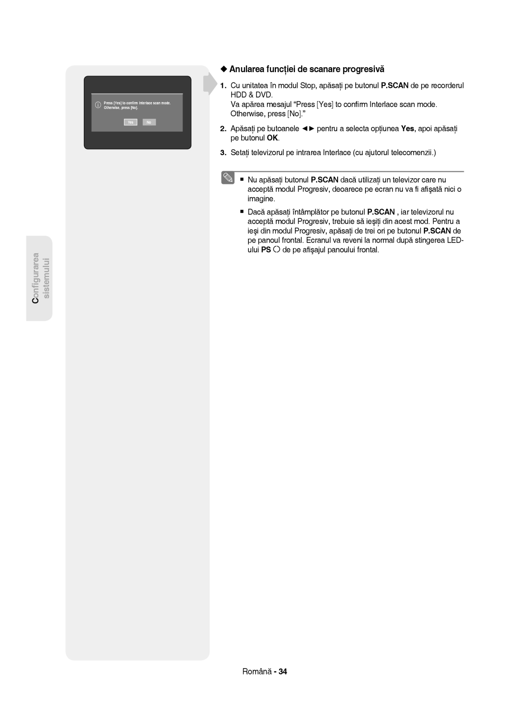 Samsung DVD-HR750/XEC, DVD-HR750/AUS, DVD-HR750/EUR, DVD-HR750/XEH manual Anularea funcţiei de scanare progresivă 