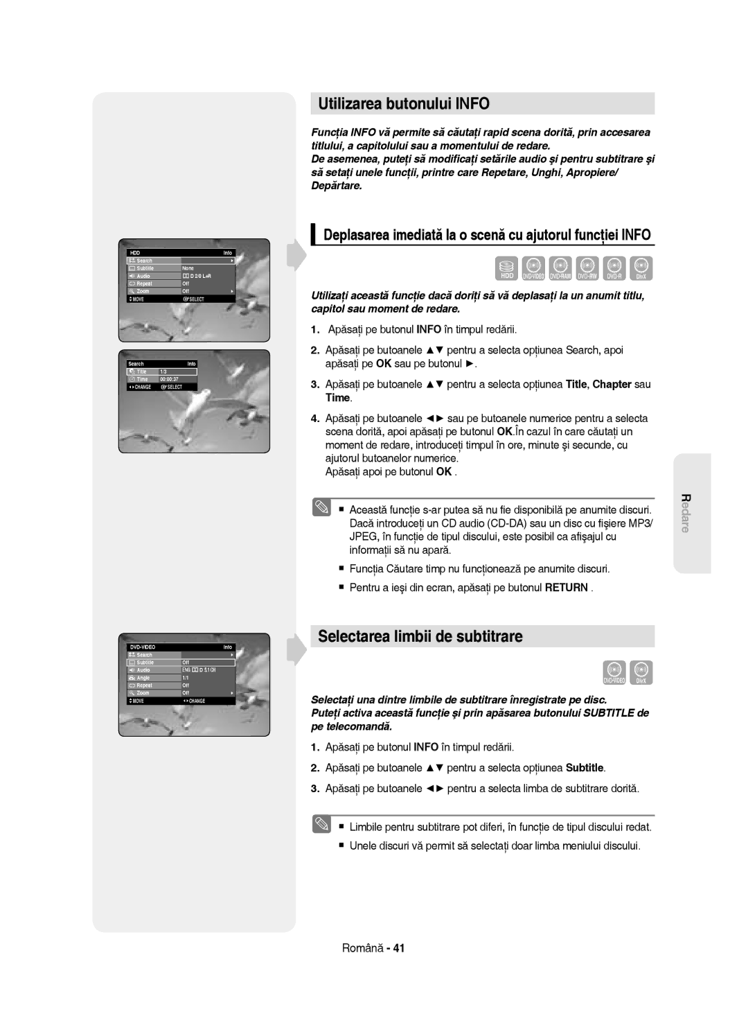 Samsung DVD-HR750/EUR, DVD-HR750/AUS, DVD-HR750/XEC manual Utilizarea butonului Info, Selectarea limbii de subtitrare 