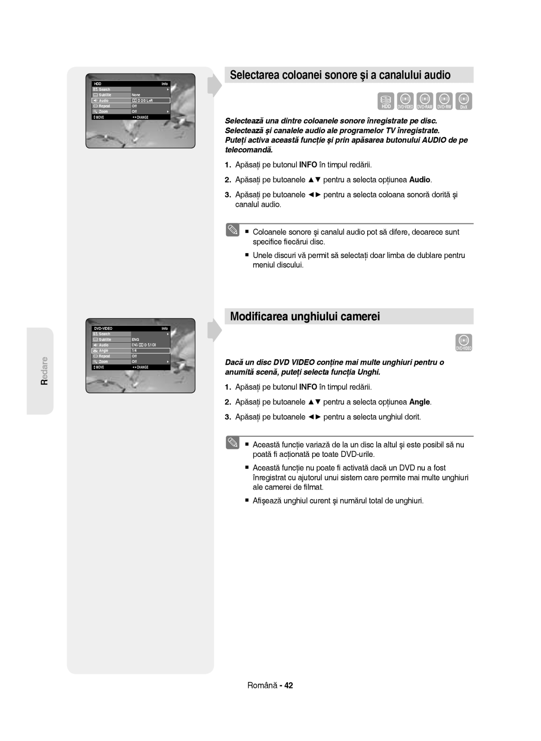 Samsung DVD-HR750/XEC, DVD-HR750/AUS manual Selectarea coloanei sonore şi a canalului audio, Modiﬁcarea unghiului camerei 