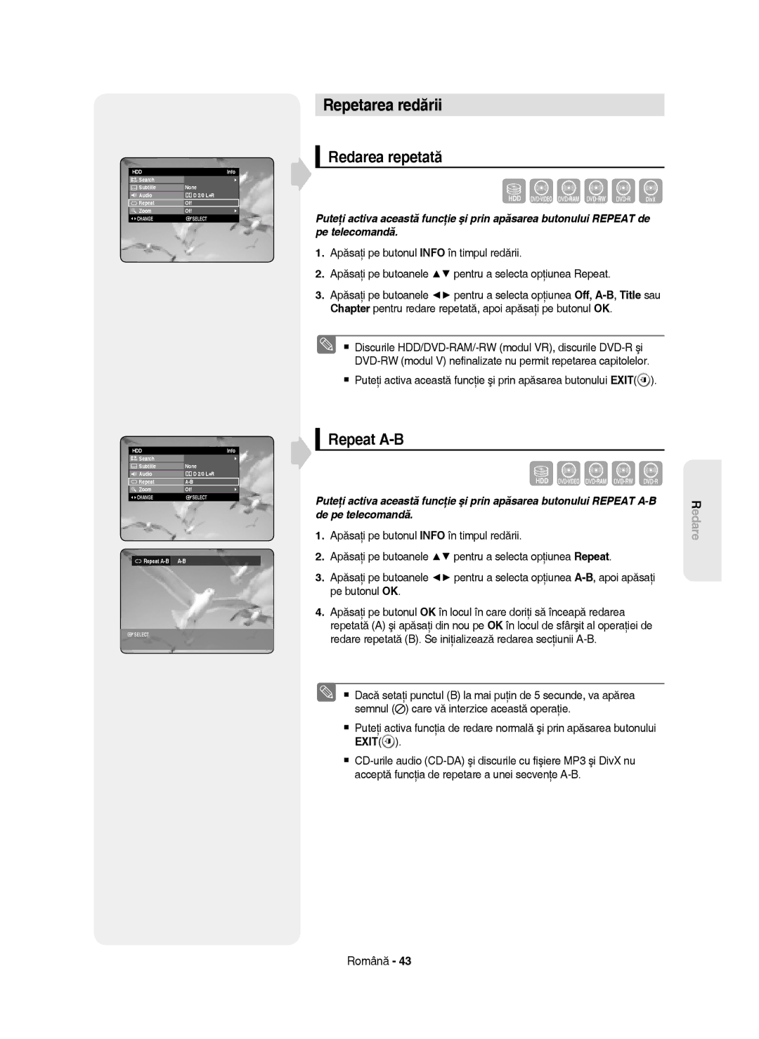 Samsung DVD-HR750/XEH, DVD-HR750/AUS, DVD-HR750/EUR, DVD-HR750/XEC manual Repetarea redării, Redarea repetată, Repeat A-B 