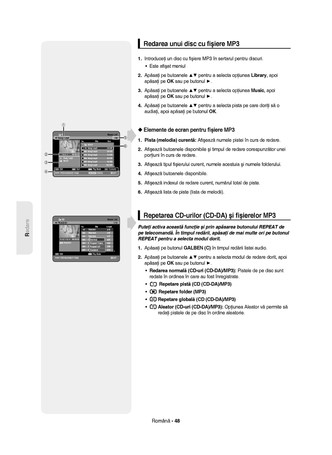 Samsung DVD-HR750/AUS, DVD-HR750/EUR manual Redarea unui disc cu ﬁşiere MP3, Repetarea CD-urilor CD-DA şi ﬁşierelor MP3 