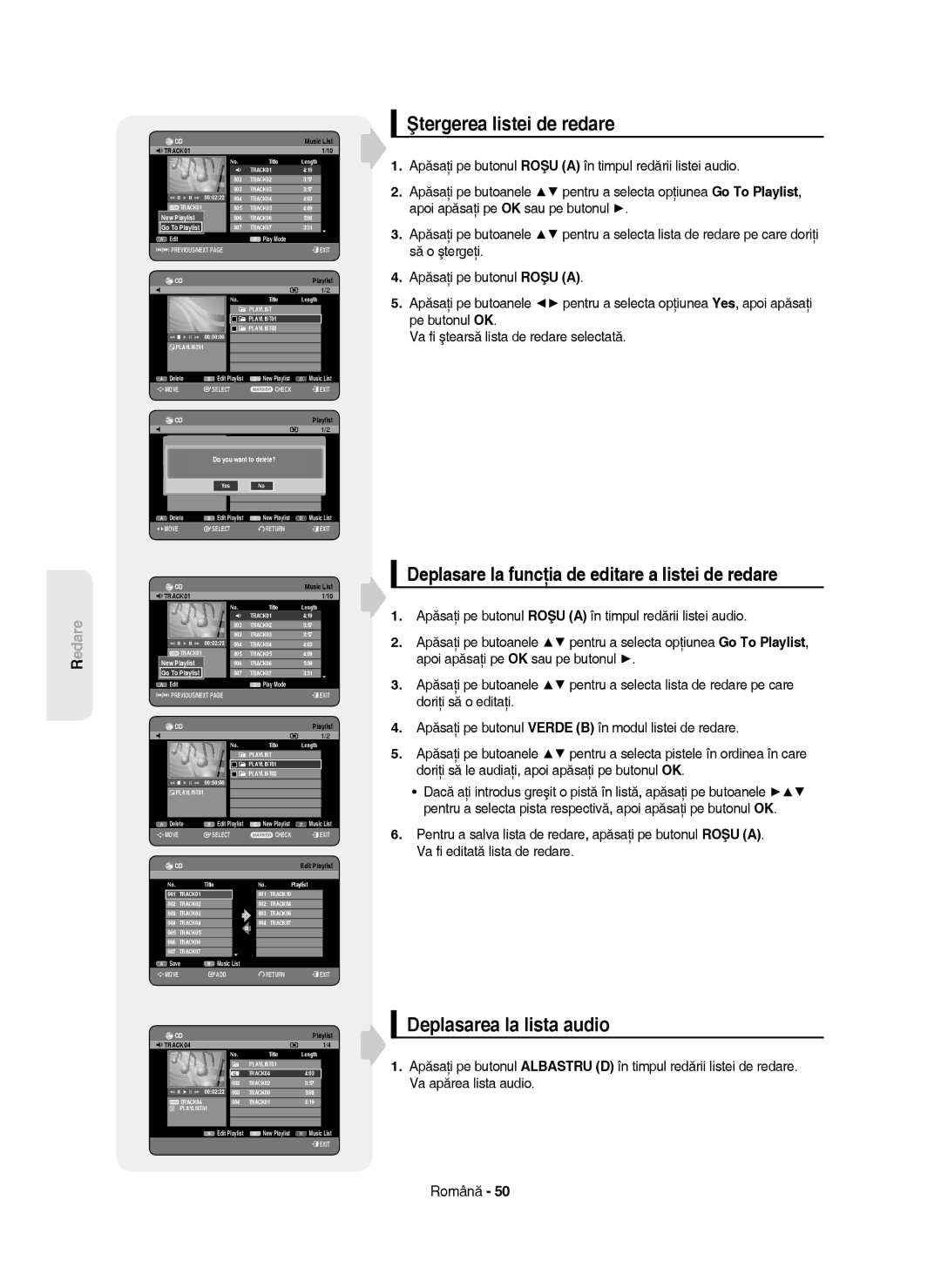 Samsung DVD-HR750/XEC, DVD-HR750/AUS manual Ştergerea listei de redare, Deplasare la funcţia de editare a listei de redare 