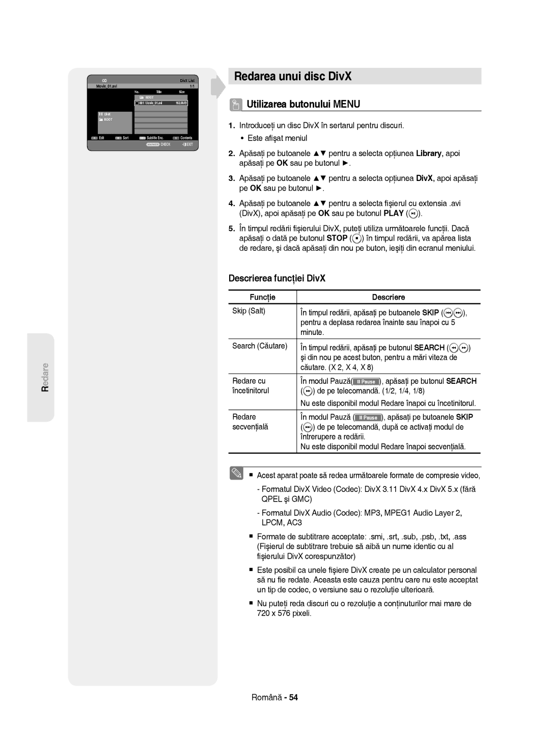 Samsung DVD-HR750/XEC manual Redarea unui disc DivX, Utilizarea butonului Menu, Descrierea funcţiei DivX, Funcţie Descriere 