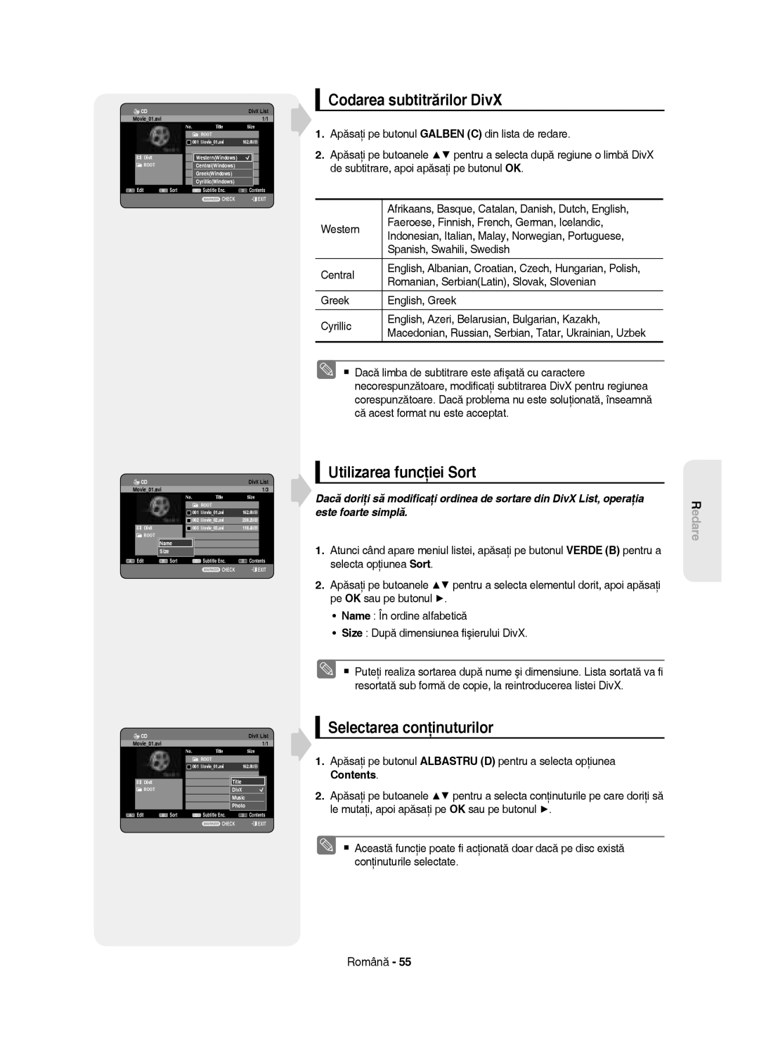 Samsung DVD-HR750/XEH, DVD-HR750/AUS, DVD-HR750/EUR, DVD-HR750/XEC manual Codarea subtitrărilor DivX, Utilizarea funcţiei Sort 