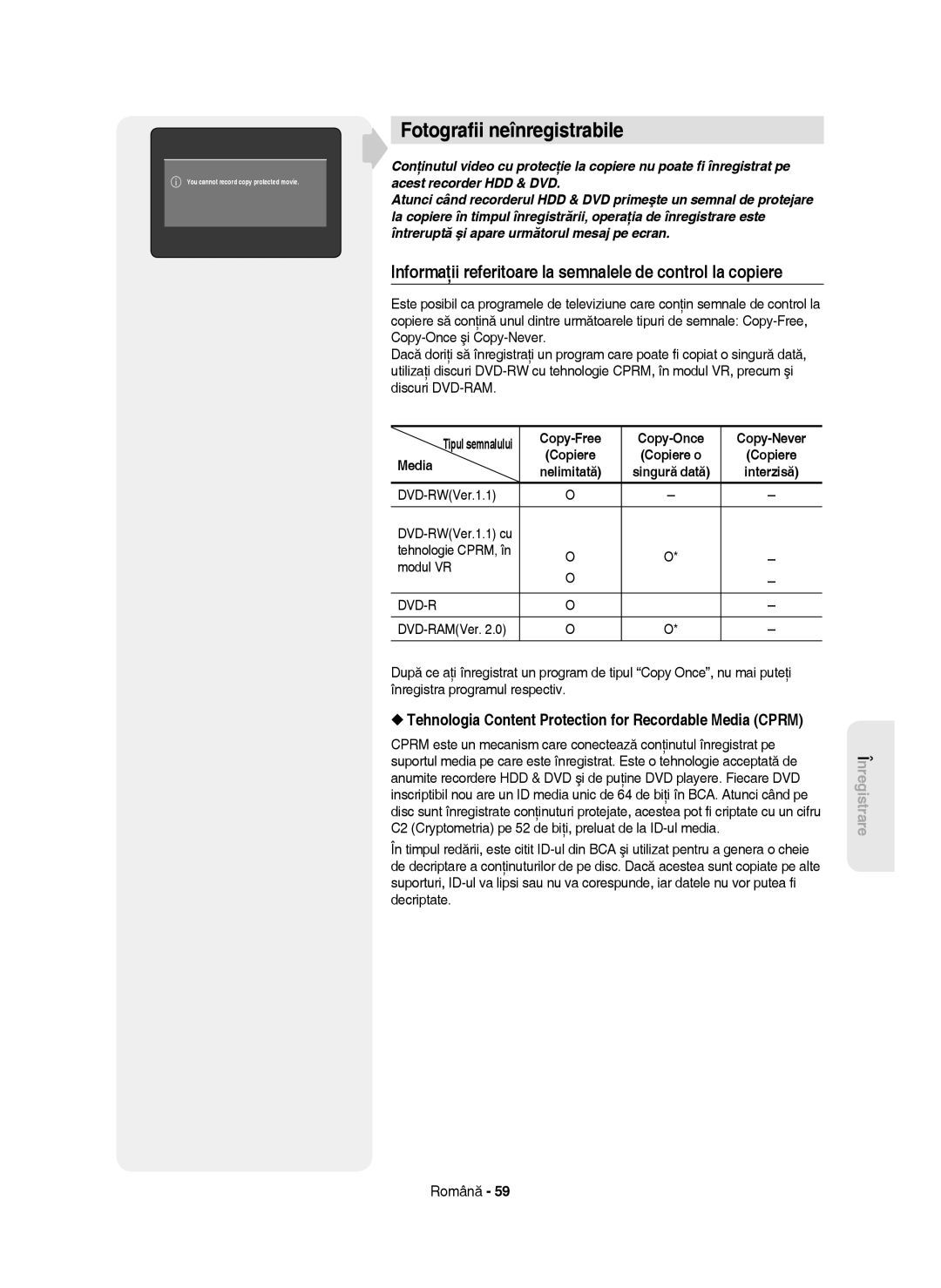 Samsung DVD-HR750/XEH manual Fotograﬁi neînregistrabile, Informaţii referitoare la semnalele de control la copiere, Media 