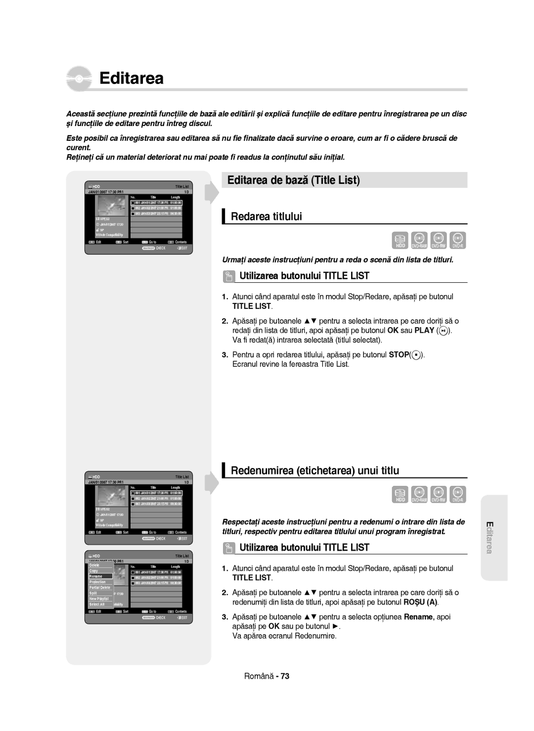 Samsung DVD-HR750/EUR, DVD-HR750/AUS Editarea de bază Title List, Redarea titlului, Redenumirea etichetarea unui titlu 