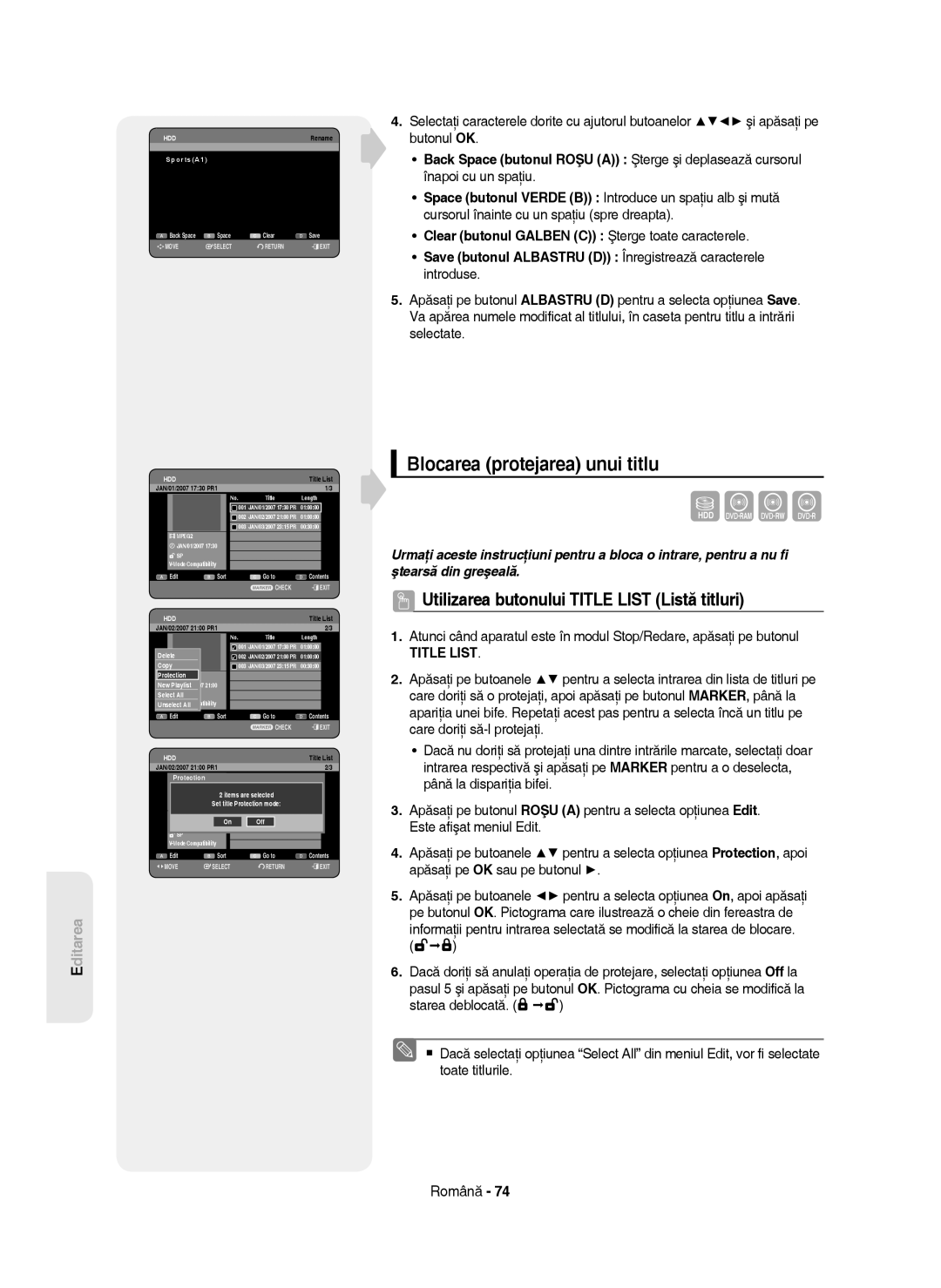 Samsung DVD-HR750/XEC, DVD-HR750/AUS manual Blocarea protejarea unui titlu, Utilizarea butonului Title List Listă titluri 