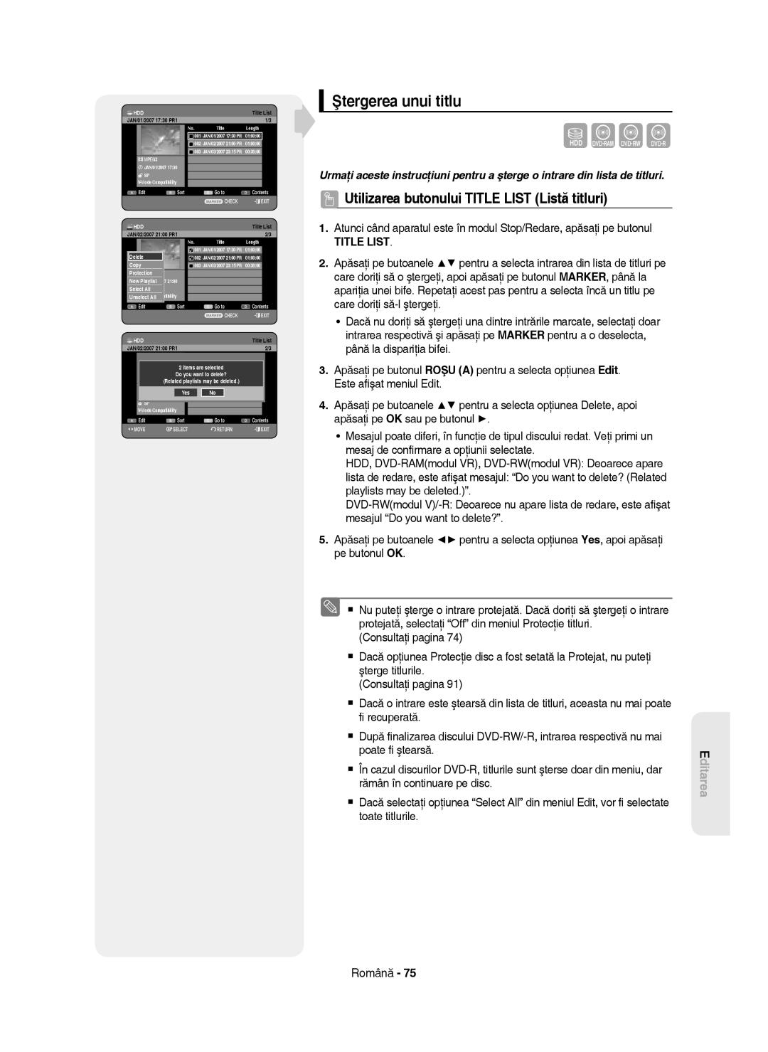 Samsung DVD-HR750/XEH, DVD-HR750/AUS, DVD-HR750/EUR, DVD-HR750/XEC manual Ştergerea unui titlu, Related 