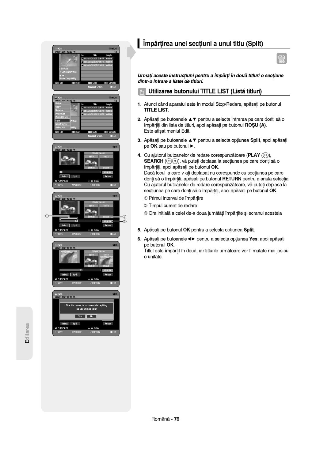 Samsung DVD-HR750/AUS, DVD-HR750/EUR, DVD-HR750/XEC, DVD-HR750/XEH manual Împărţirea unei secţiuni a unui titlu Split 