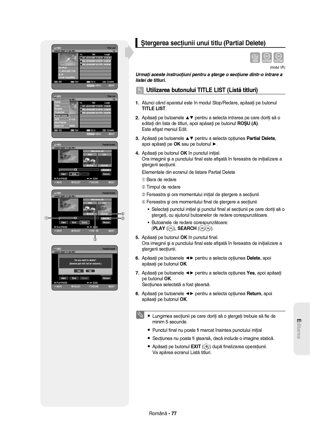 Samsung DVD-HR750/EUR, DVD-HR750/AUS, DVD-HR750/XEC, DVD-HR750/XEH manual Ştergerea secţiunii unui titlu Partial Delete 