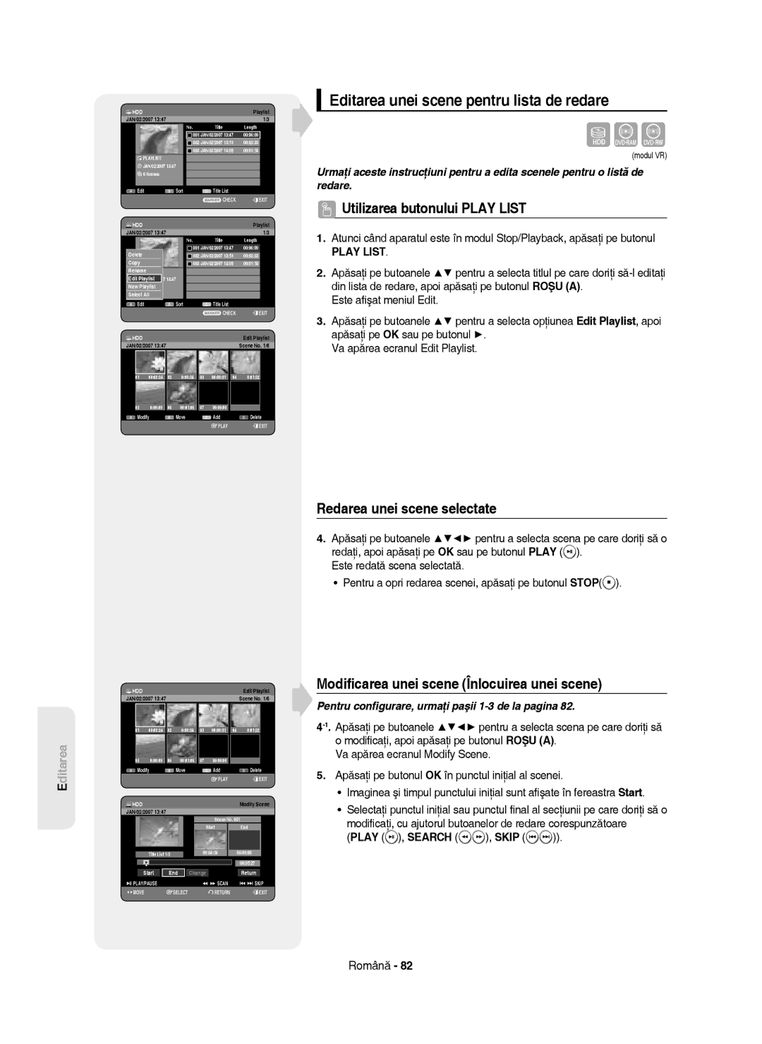 Samsung DVD-HR750/XEC, DVD-HR750/AUS manual Editarea unei scene pentru lista de redare, Redarea unei scene selectate 