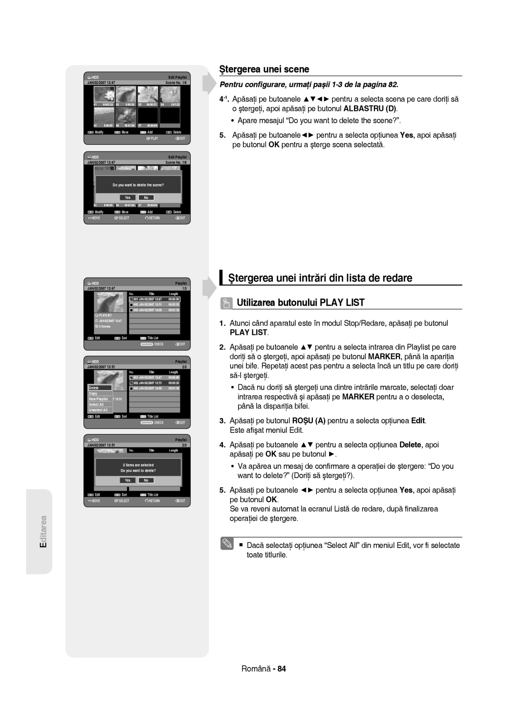 Samsung DVD-HR750/AUS, DVD-HR750/EUR, DVD-HR750/XEC manual Ştergerea unei intrări din lista de redare, Ştergerea unei scene 