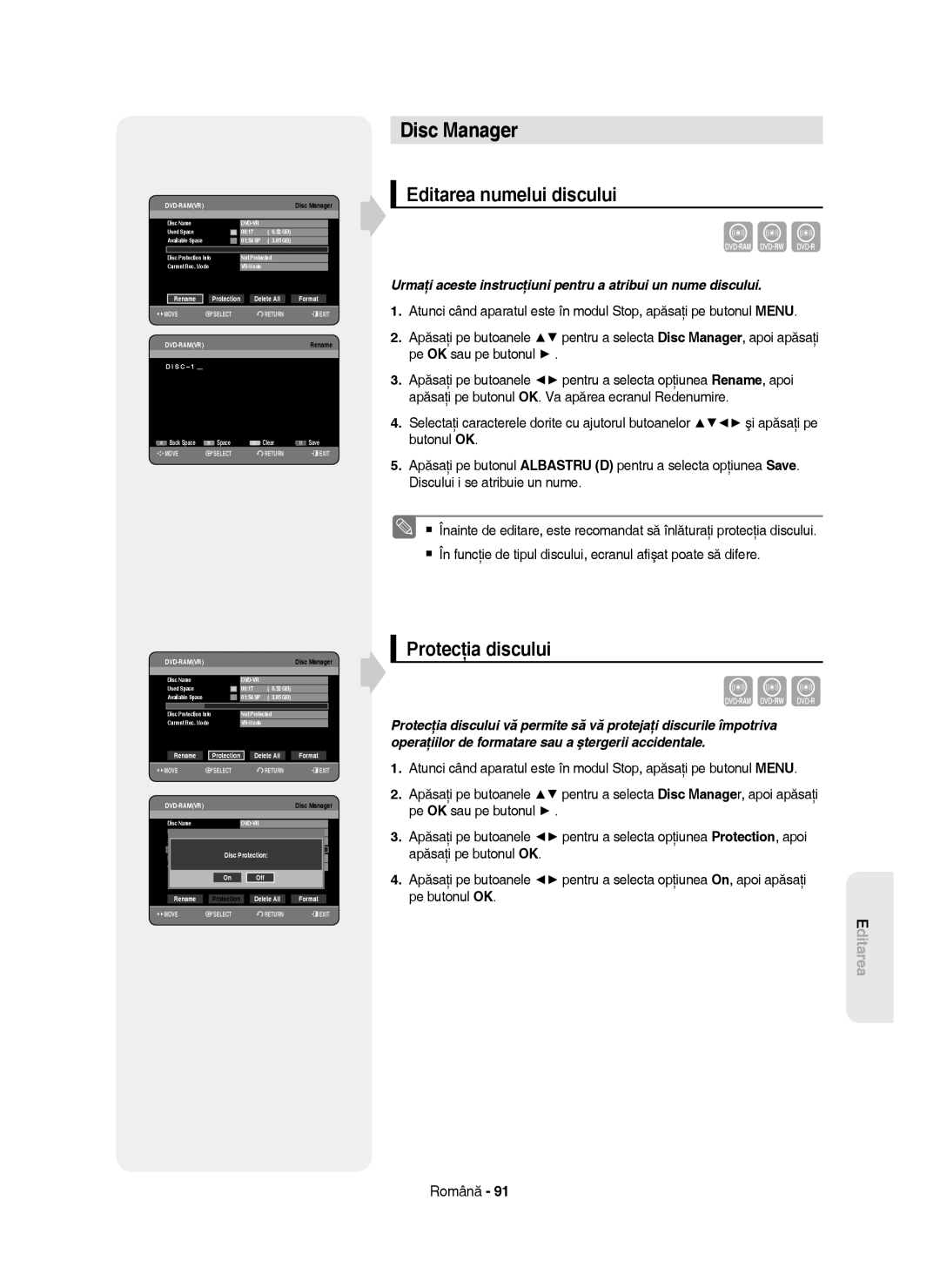 Samsung DVD-HR750/XEH, DVD-HR750/AUS, DVD-HR750/EUR manual Disc Manager, Editarea numelui discului, Protecţia discului 