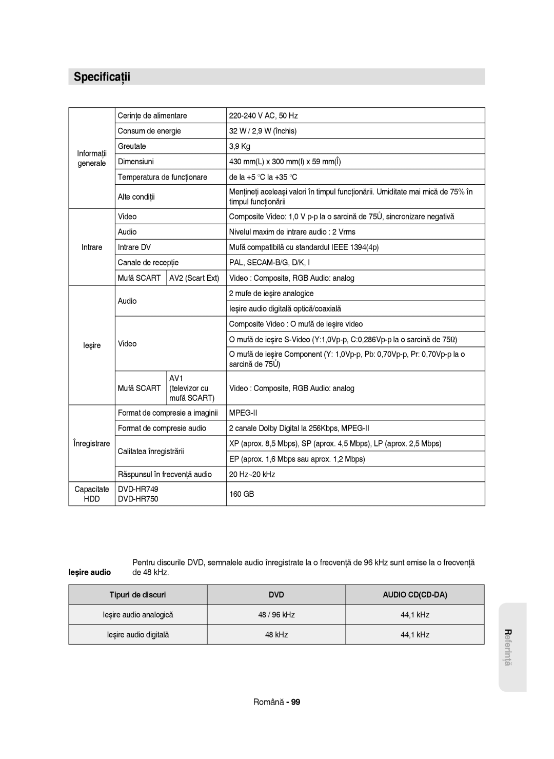 Samsung DVD-HR750/XEH, DVD-HR750/AUS, DVD-HR750/EUR, DVD-HR750/XEC manual Speciﬁcaţii, Pal, Secam-B/G, D/K 