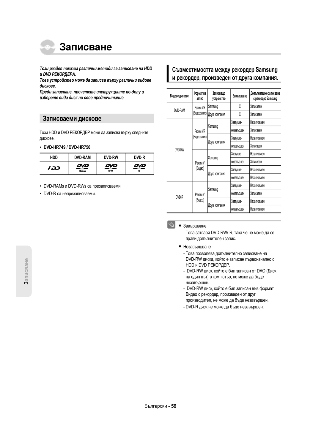 Samsung DVD-HR750/AUS, DVD-HR750/EUR, DVD-HR750/XEC, DVD-HR750/XEH manual Записваеми дискове,  Завършване 