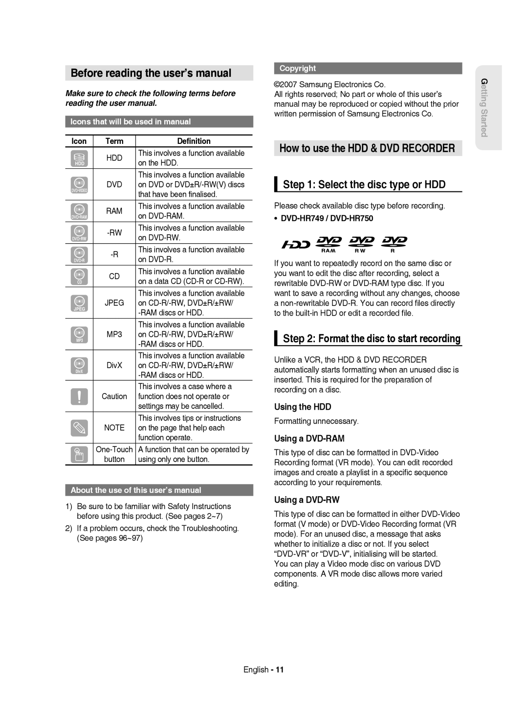 Samsung DVD-HR750/XEH Before reading the user’s manual, Select the disc type or HDD, How to use the HDD & DVD Recorder 