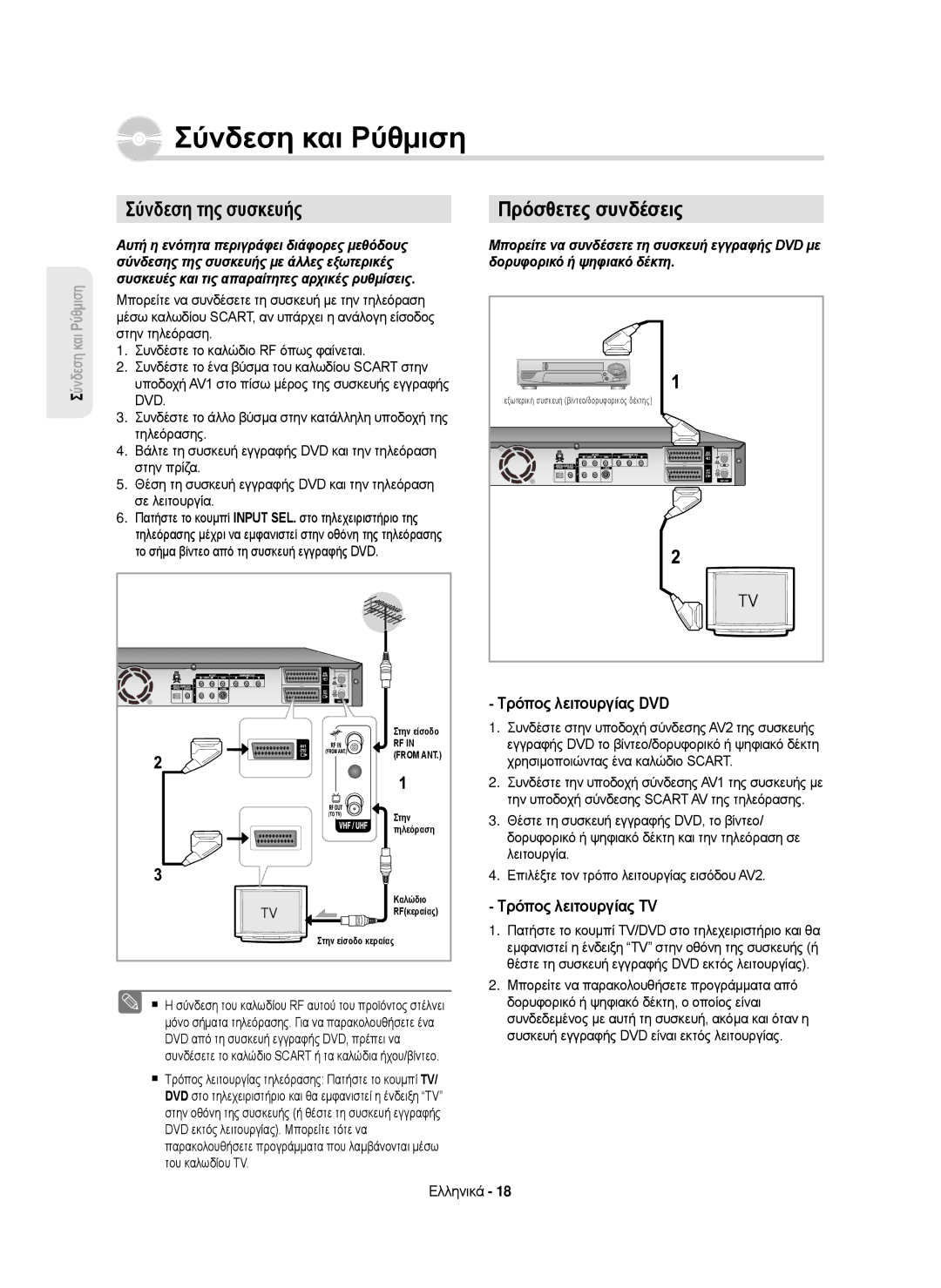 Samsung DVD-HR750/XEH manual Σύνδεση και Ρύθμιση, Σύνδεση της συσκευής, Πρόσθετες συνδέσεις, Τρόπος λειτουργίας DVD 