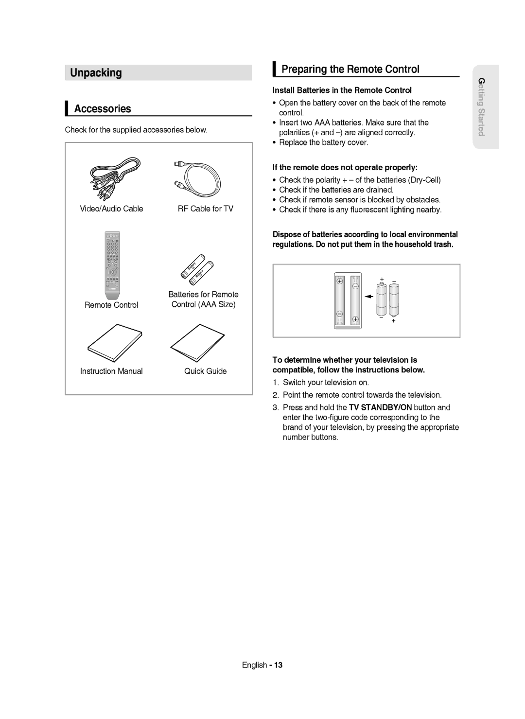 Samsung DVD-HR750/EUR manual Unpacking, Accessories, Preparing the Remote Control, Install Batteries in the Remote Control 