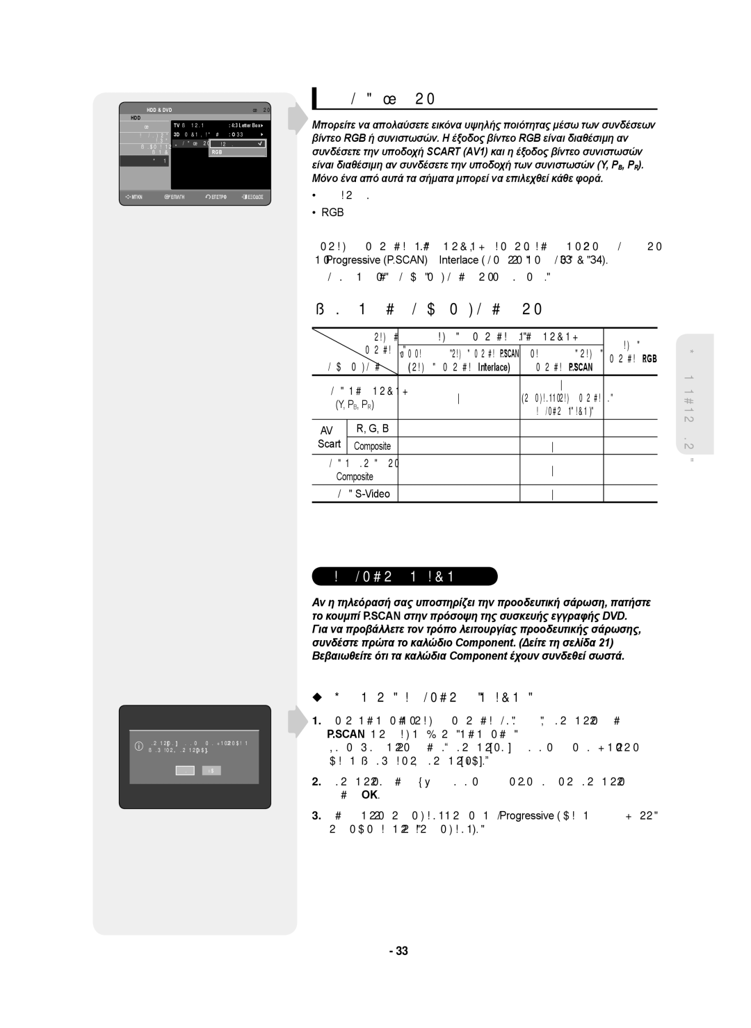 Samsung DVD-HR750/XEC manual Έξοδος Βίντεο, Διαθέσιμη υποδοχή εξόδου βίντεο, Ρύθμιση της προοδευτικής σάρωσης, Εξάρτημα 